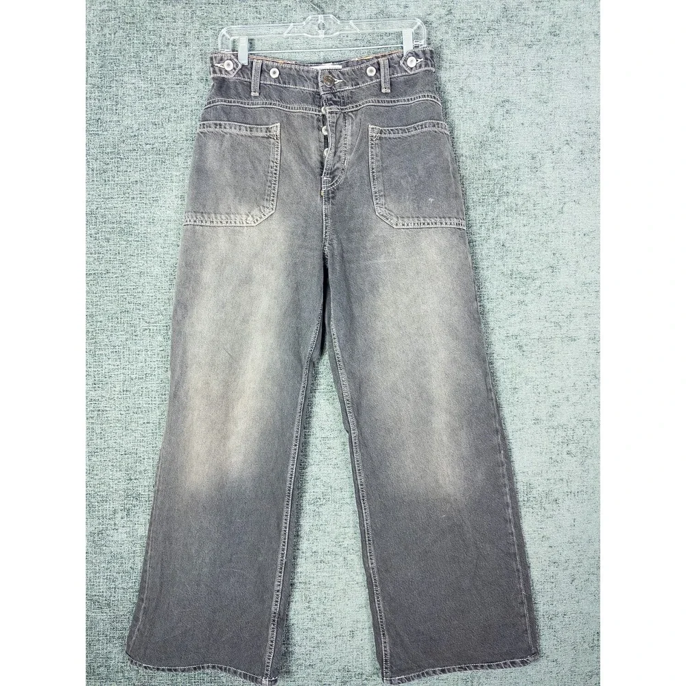 We The Free Palmer Wide Leg Jeans Womens 30 Black Faded Button‎ Fly Patch Boho